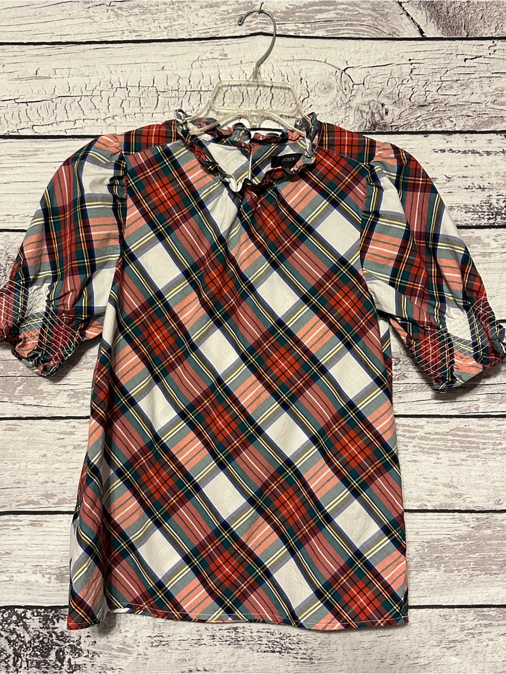 J.Crew Re-Imagined Plaid Popover Top Size Small Ruffle Neck Smocked Sleeve